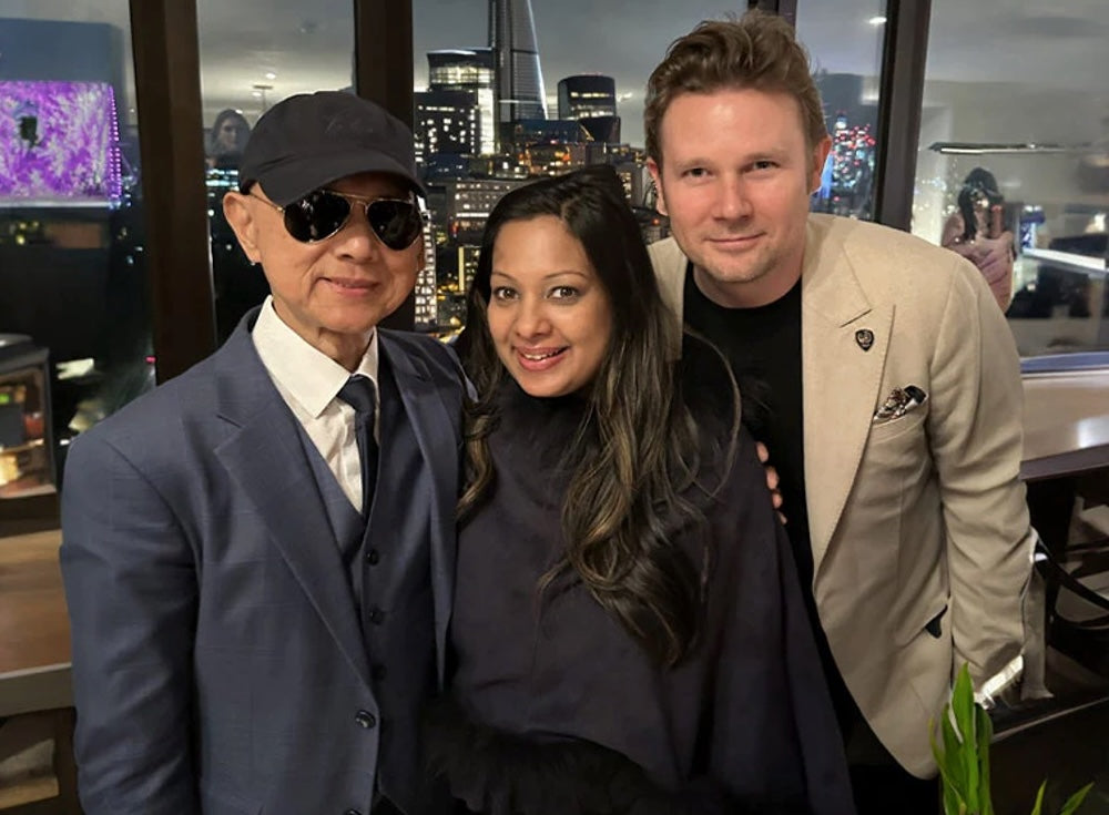 Professor Jimmy Choo and Mayfairsilk founders Darshana and Marcus Ubl during The Luxury Network event in December 2023
