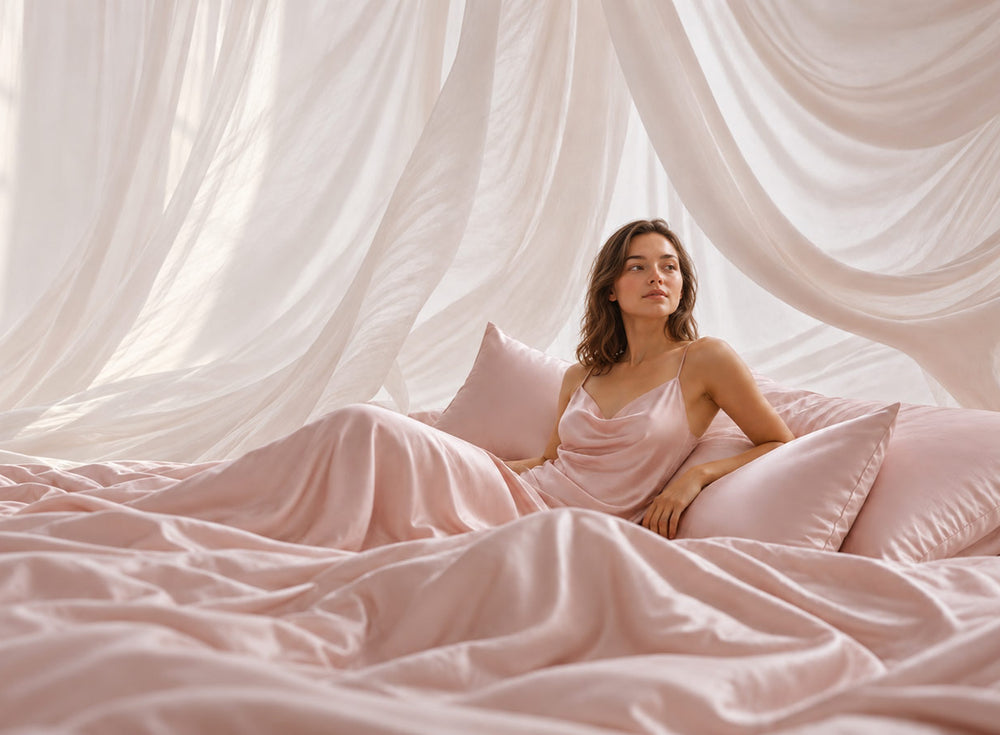 Mayfairsilk pink pure Mulberry silk bed linen and pillowcases in soft light