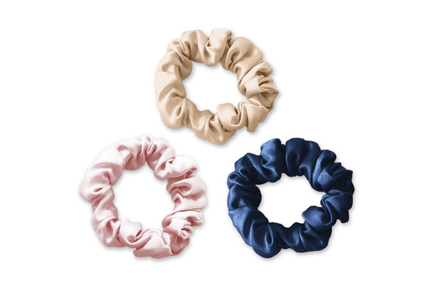 Mulberry Silk Scrunchies Set in Champagne, Pink & Blue