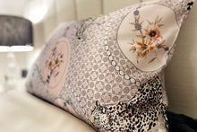 Load image into Gallery viewer, closeup of silk pillowcase with motifs, leopards and floral arrangements by Mayfairsilk
