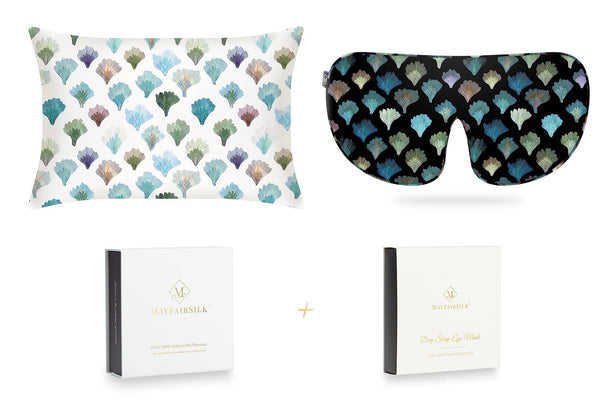 Mulberry Silk Pillowcase & Sleep Mask Set in Aqua Fans Print
