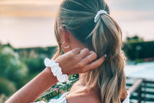 Load image into Gallery viewer, Brilliant White / Teal Breeze / Precious Pink Silk Scrunchies Set - MayfairSilk