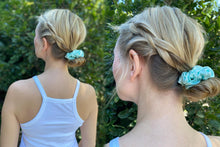 Load image into Gallery viewer, Brilliant White / Teal Breeze / Precious Pink Silk Scrunchies Set - MayfairSilk