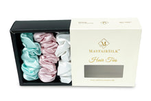 Load image into Gallery viewer, Brilliant White / Teal Breeze / Precious Pink Silk Scrunchies Set - MayfairSilk