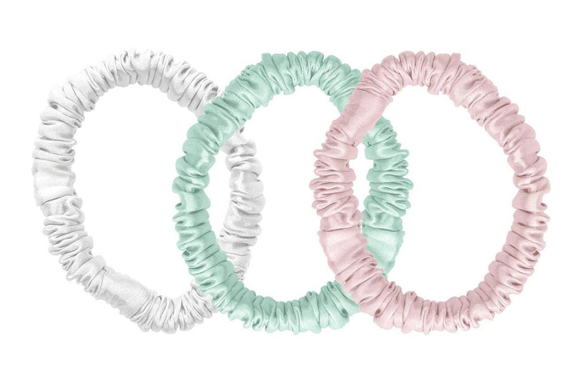 Brilliant White / Teal Breeze / Precious Pink Silk Hair Ties Set - MayfairSilk