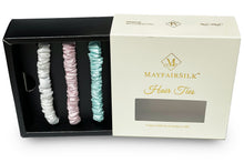 Load image into Gallery viewer, Brilliant White / Teal Breeze / Precious Pink Silk Hair Ties Set - MayfairSilk
