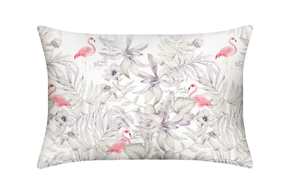 Pink Flamingos with grey foliage designer print on silk pillowcase