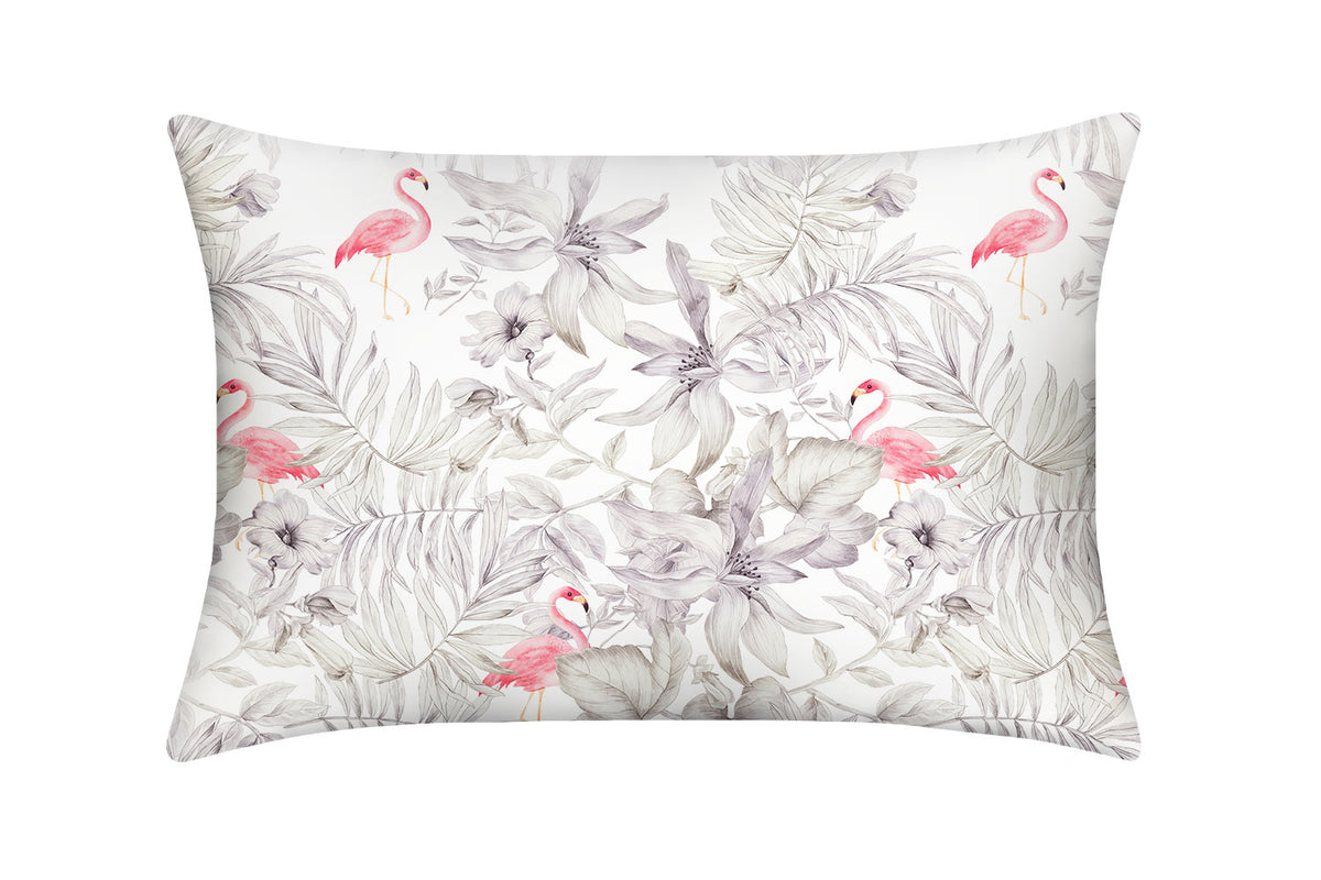 Pink Flamingos with grey foliage designer print on silk pillowcase