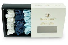 Load image into Gallery viewer, Midnight Blue / Ivory / Pastel Blue Silk Scrunchies Set - MayfairSilk
