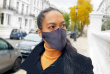 Load image into Gallery viewer, Woman walking on street wearing Midnight Blue Pure Silk Face Covering - MayfairSilk