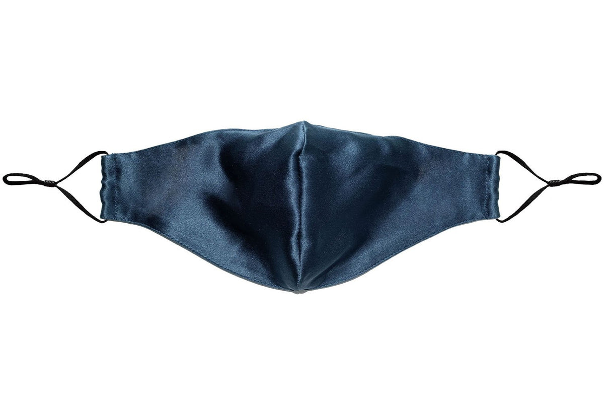 Midnight Blue Pure Silk Face Covering lying flat on white background - MayfairSilk