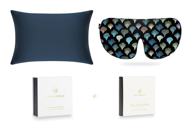 Midnight Blue Silk Pillowcase & Dark Aqua Sleep Mask Set