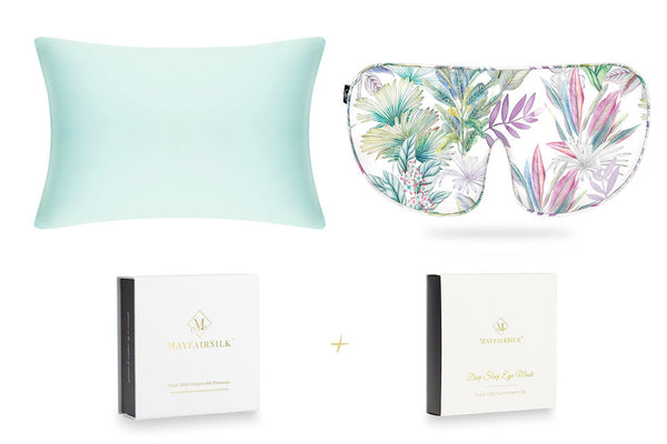 Mulberry Silk Pillowcase & Eye Mask Sleep Set in Teal & Iridescent Garden