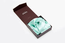 Load image into Gallery viewer, Folded teal silk pillowcase in a gift box by Mayfairsilk