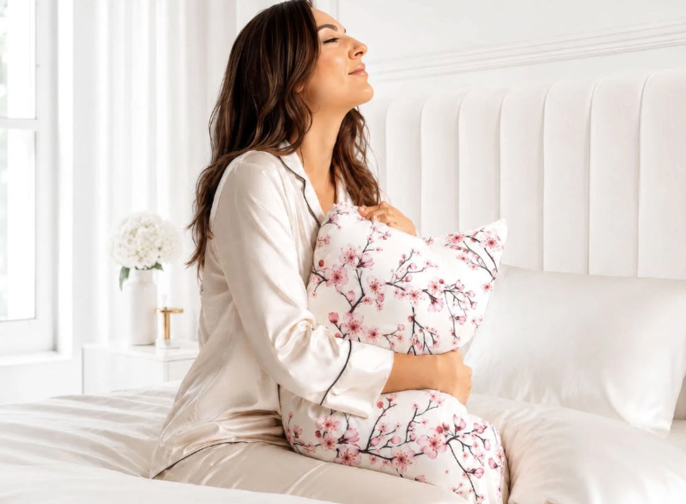 A woman holding a pillow encased in a silk pillowcase