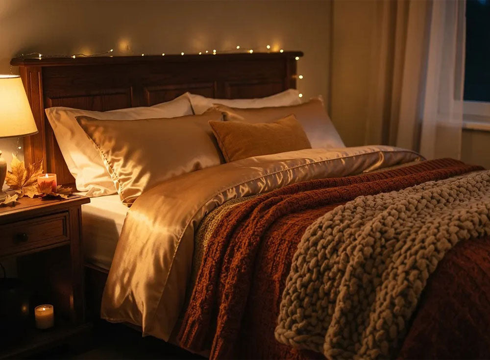 Silk pillowcases on a layered bed in an autumn bedroom