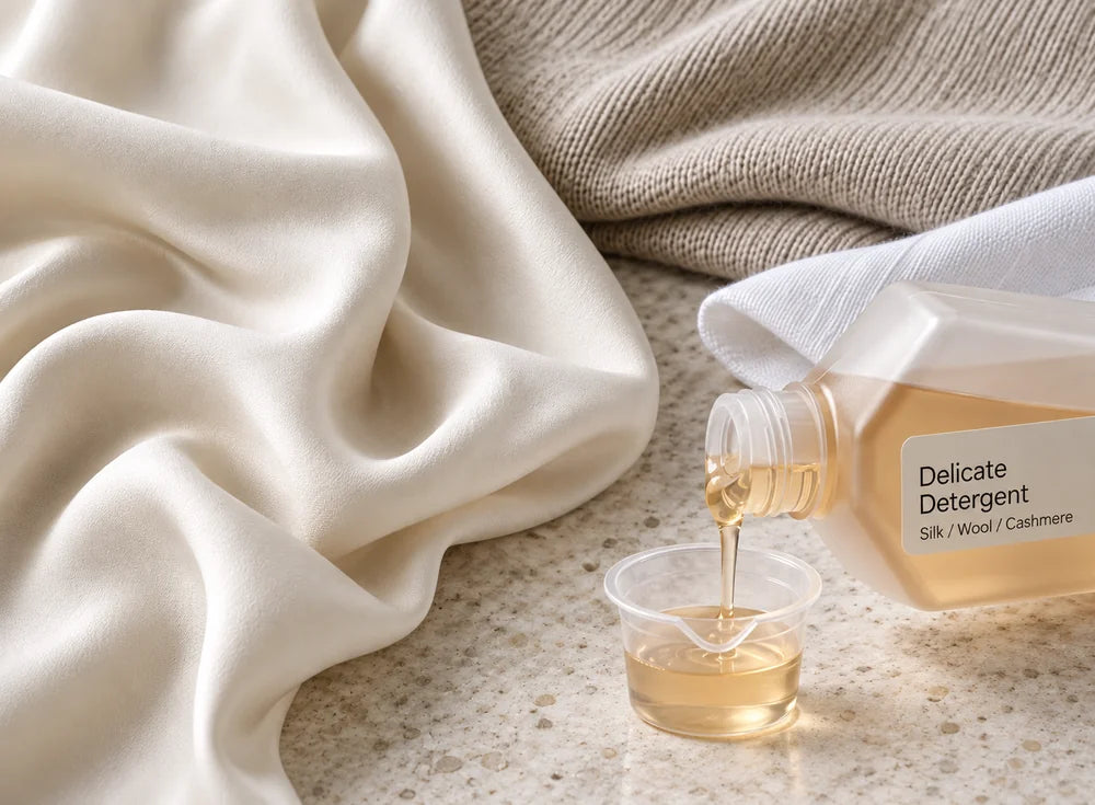 Ivory silk, wool and cotton beside delicate detergent labelled Silk, Wool and Cashmere