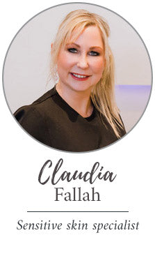 Headshot of Claudia Fallah wearing a black top with text that says Sensitive skin specialist