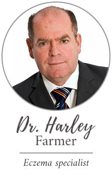 Headshot of Dr Harley Farmer wearing a suit with text that says Eczema specialist