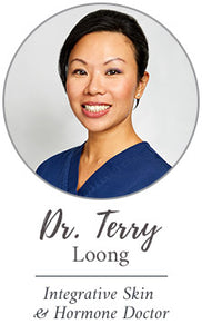 Headshot of Dr Terry Loong wearing a blue top with text that says Integrative Skin & Hormone Doctor