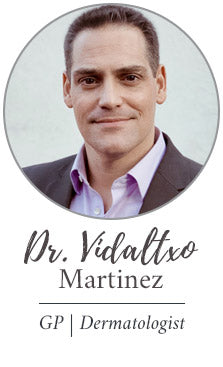Headshot of Dr Vidaltxo Martinez wearing a suit with text that says GP - Dermatologist