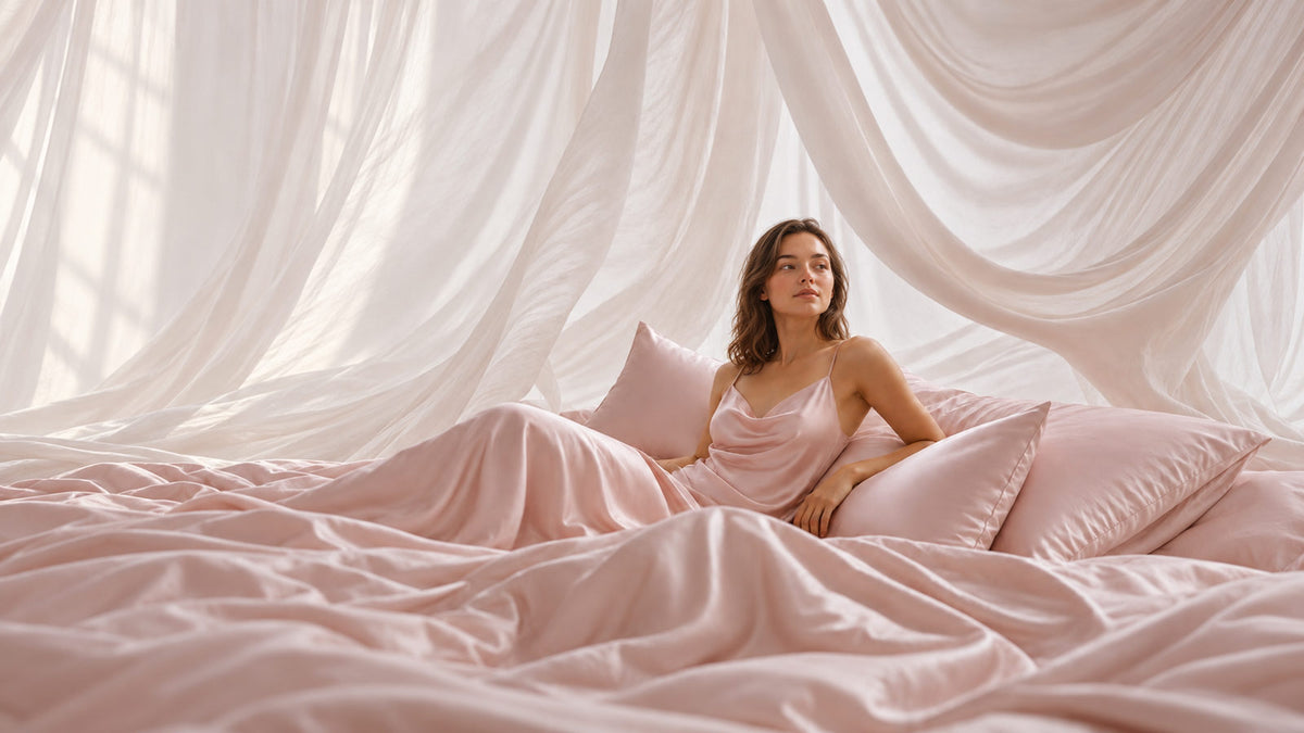 Soft pink Mayfairsilk bed linen and silk pillowcases on a dressed bed