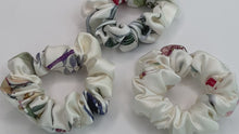 Load and play video in Gallery viewer, White with Botanical Print Silk Scrunchies Set
