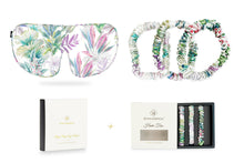 Laden Sie das Bild in den Galerie-Viewer, Iridescent Garden Silk Sleep Mask and Silk Hair Ties Gift Set - MayfairSilk
