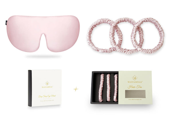 MayfairSilk Precious Pink Silk Sleep Mask and Silk Hair Ties Gift Set