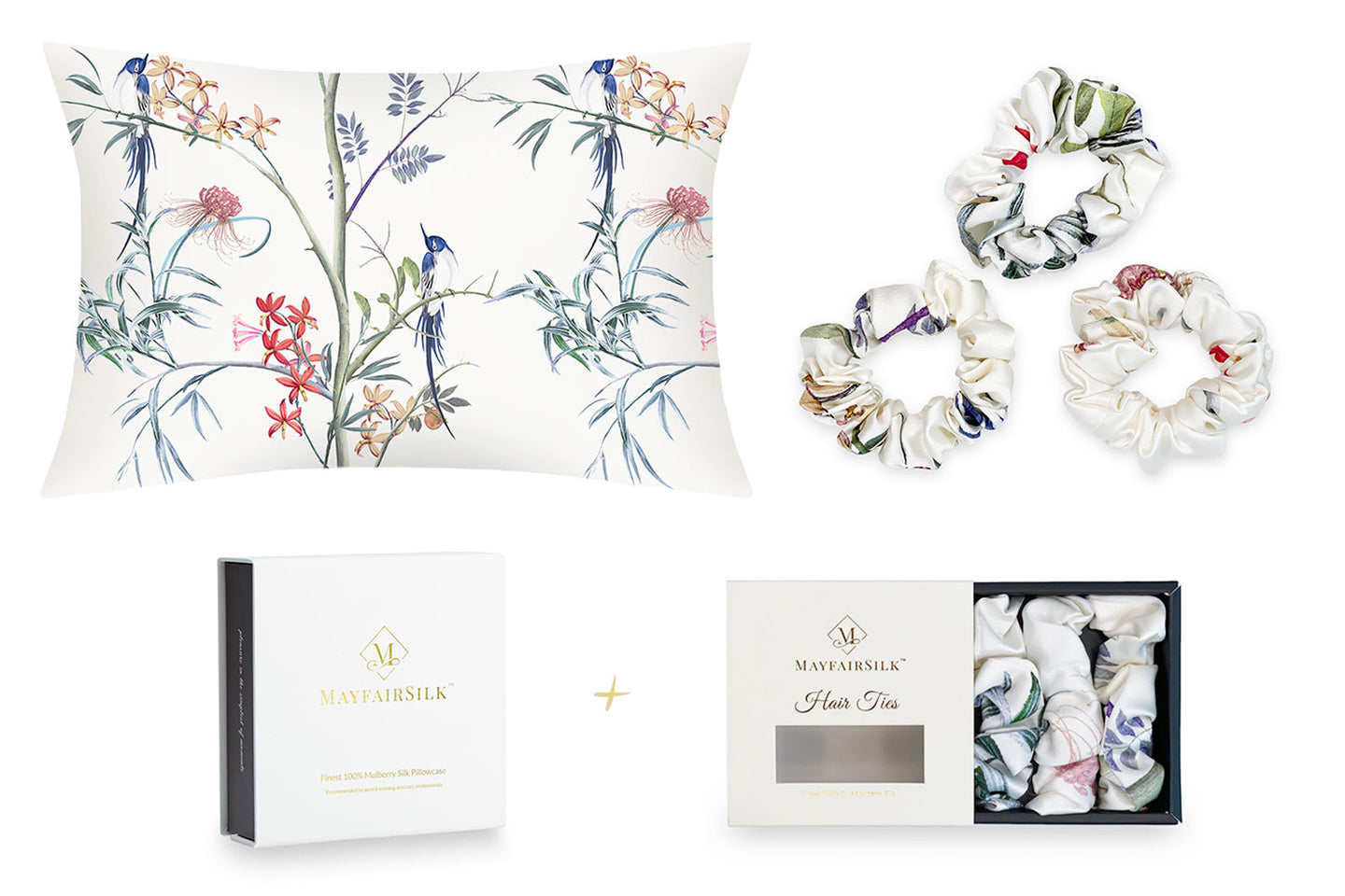 Hummingbird Silk Pillowcase and Scrunchies Gift Set