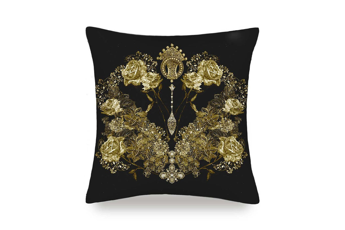 Black & Gold Roses Pure Silk Cushion Cover - MayfairSilk