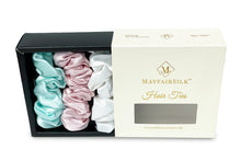 将图片加载到图库查看器，Brilliant White / Teal Breeze / Precious Pink Silk Scrunchies Set - MayfairSilk
