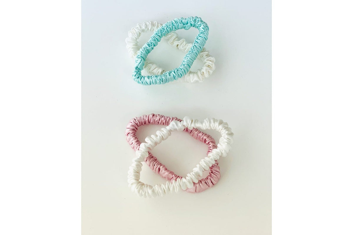 Brilliant White / Teal Breeze / Precious Pink Silk Hair Ties Set - MayfairSilk