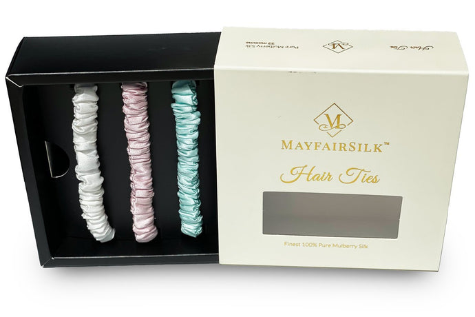 Brilliant White / Teal Breeze / Precious Pink Silk Hair Ties Set - MayfairSilk