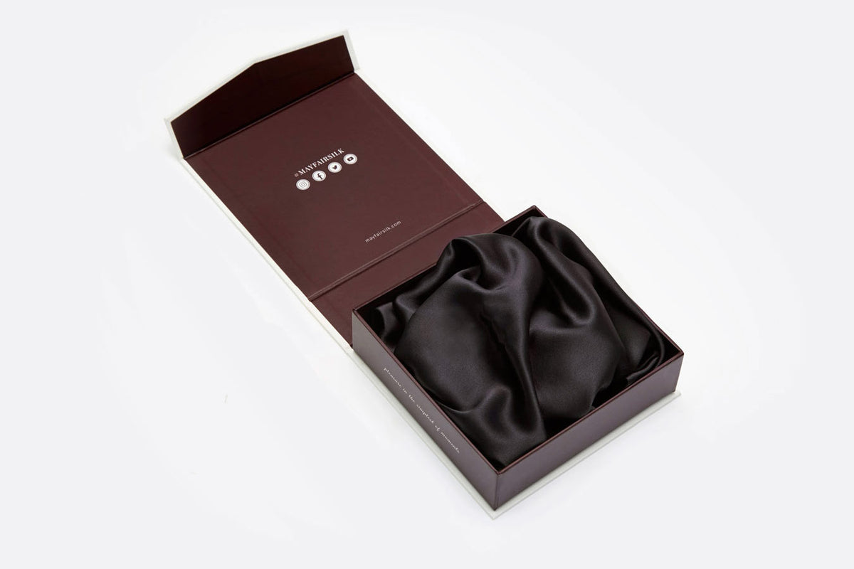 Charcoal silk pillowcase presented in a gift box by Mayfairsilk 