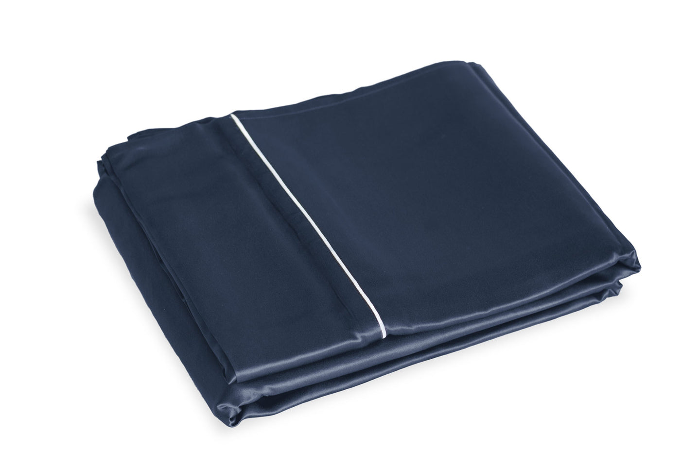 Folded Midnight Blue Silk Flat Sheet with Ivory Piping