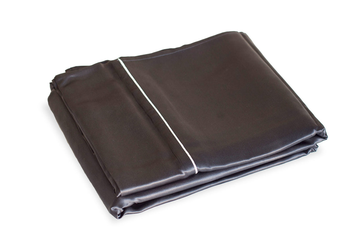 Charcoal Pure Silk Flat Sheet - Ivory Piping