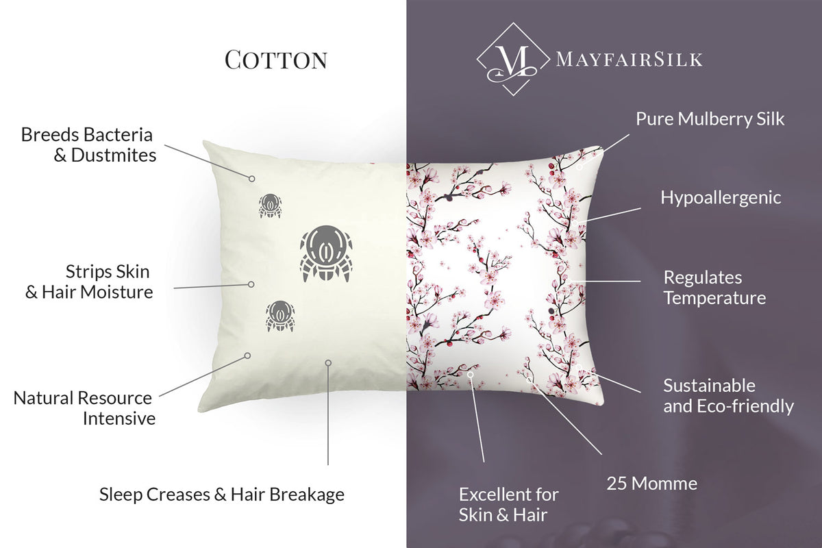 Cotton vs silk infographic showing the negatives of cotton and benefits of silk