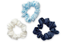 Load image into Gallery viewer, Midnight Blue / Ivory / Pastel Blue Silk Scrunchies Set - MayfairSilk
