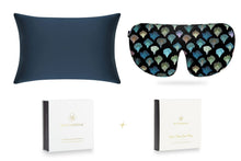 Load image into Gallery viewer, Midnight Blue and Dark Aqua Fans Silk Sleep Gift Set - MayfairSilk
