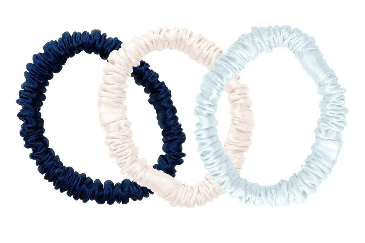 Midnight Blue/Ivory/Pastel Blue Silk Hair Ties Set - MayfairSilk