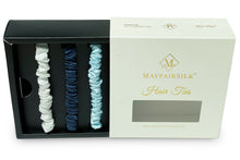 Cargar imagen en el visor de la galería, Midnight Blue/Ivory/Pastel Blue Silk Hair Ties Set - MayfairSilk
