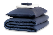 Load image into Gallery viewer, Midnight Blue with Brilliant White Silk Duvet Set - MayfairSilk
