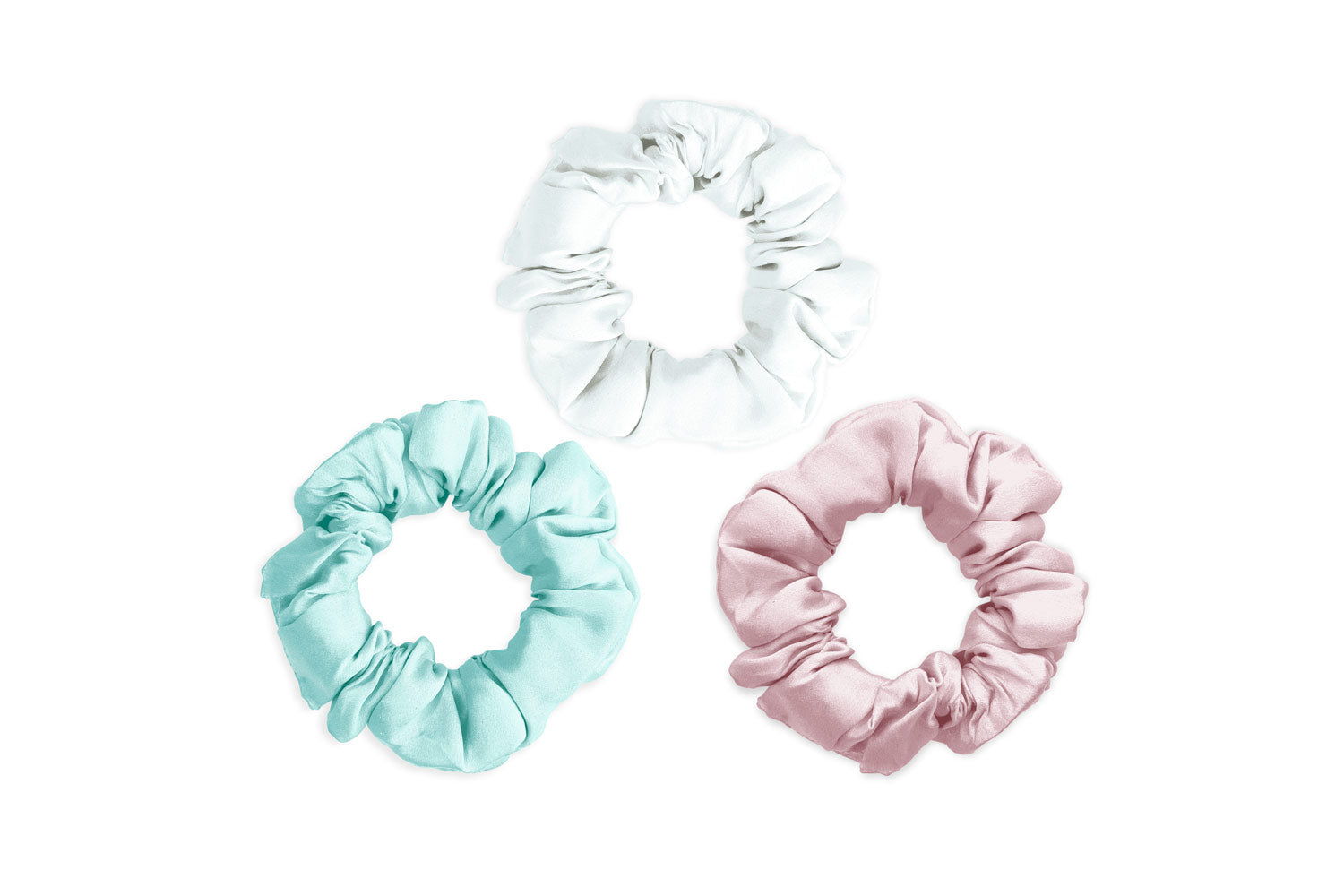 White / Teal / Pink Silk Scrunchies Set | MayfairSilk® – Mayfairsilk