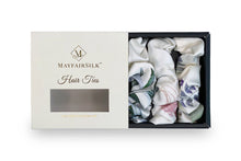 Cargar imagen en el visor de la galería, White with Botanical Print Silk Scrunchies Set - MayfairSilk
