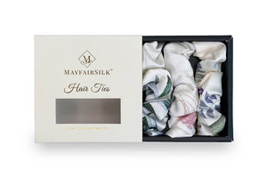 White with Botanical Print Silk Scrunchies Set - MayfairSilk